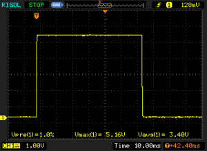 HP 6632A output shorted with a 10ohm resistor, voltage set to 5V, current set to 100mA, fast mode, OCP enabled HP 6632A output shorted with a 10ohm resistor, voltage set to 5V, current set to 100mA, fast mode, OCP enabled