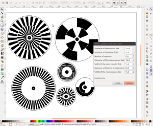 Screenshot of my Inkscape optical rotary encoder disc generator Screenshot of my extension