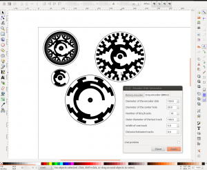 Screenshot of my Inkscape optical rotary encoder disc generator with the GRBC menu open